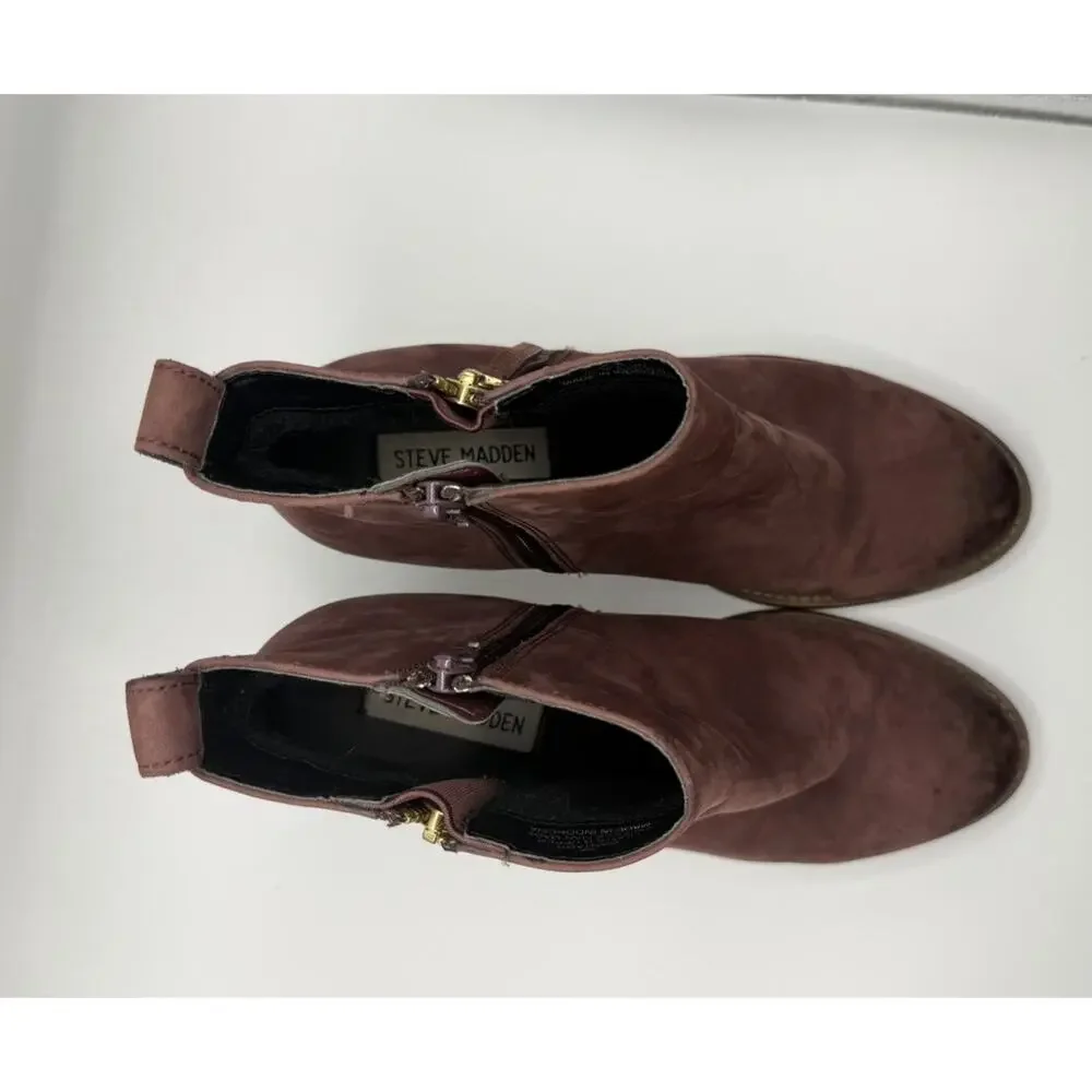 Steve Madden Women 8M Plum Burgundy Wantagh Distressed Leather Heel Booties